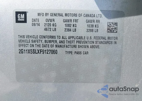 2015 Chevrolet Impala 1Fl z USA, uszkodzony, nr VIN 2G11X5SLXF9127060